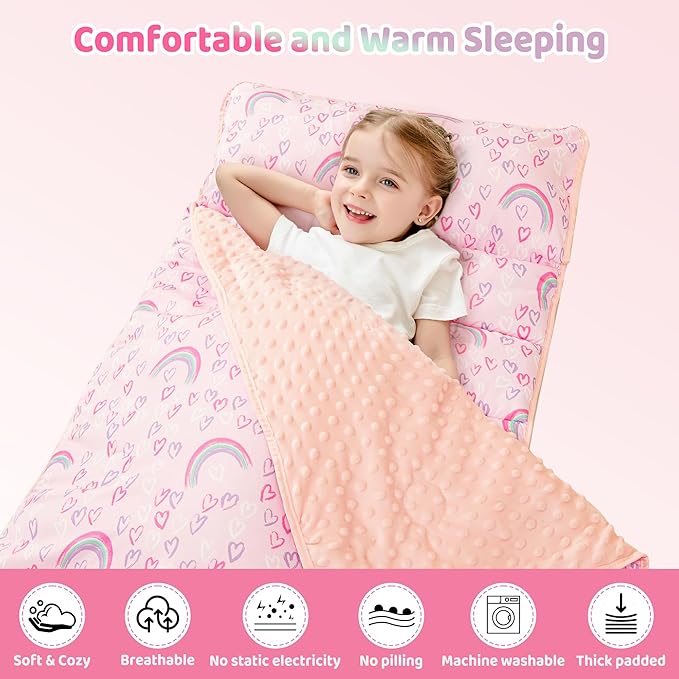 Viviland Toddler Kid Nap Mat for Preschool, Girls Pink Rainbow Slumber Bag, Daycare Sleeping Bag with Pillow and Blanket, Kindergarten Sleep Mat