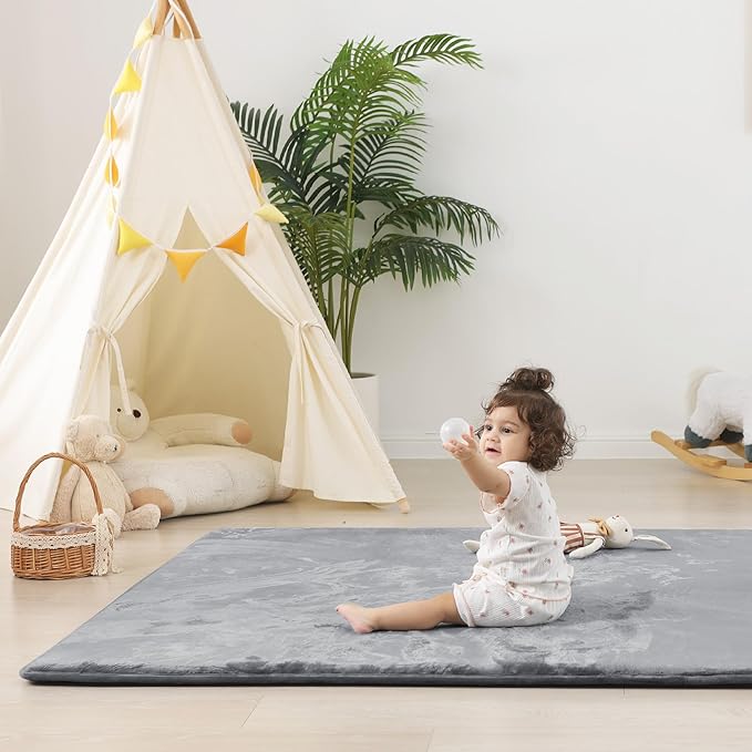 1.5" Super Thick Baby Play Mat for Floor, 79x118 Pro Soft Flannel Foam Mats for Toddler Infant Kids Crawling for Nursery Rug Playroom Living Room Waterproof Easy Care Non-Slip (Dark Grey)