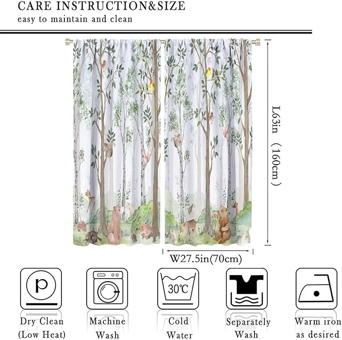 Kids Watercolor Woodland Animal Window Curtains, Bear Deer Squirrel Hedgehog Fox Birds Green Forest Blackout Rod Pocket Treatment for Boys Girls Bedroom 55x63in