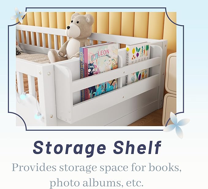 Full Size Floor Bed for Kids, Wood Montessori Floor Bed Full with High Rails & Storage Shelf, Baby Floor Beds with LED Light for Boys & Girls, White