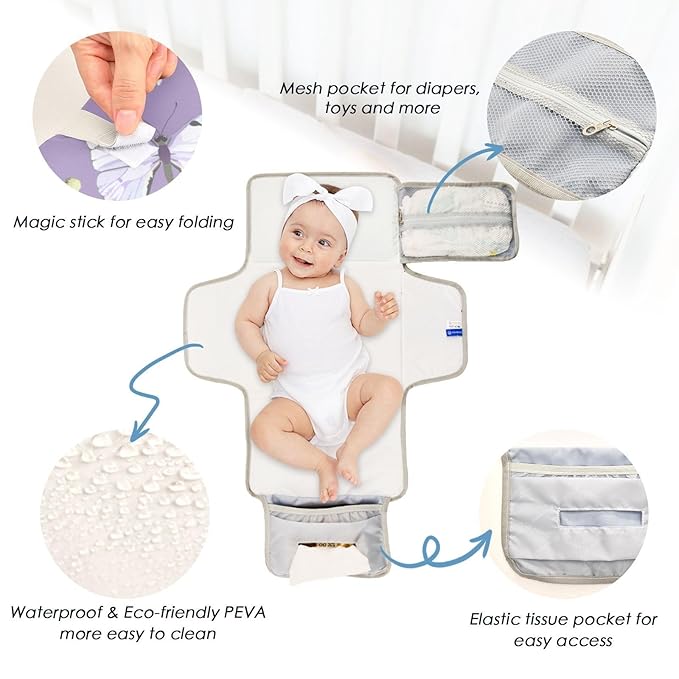 Portable Changing Pad for Baby - Butterfly Purple Waterproof Diaper Changing Mat Travel Changing Pad with Built-in Pillow - Shower Gift for Baby