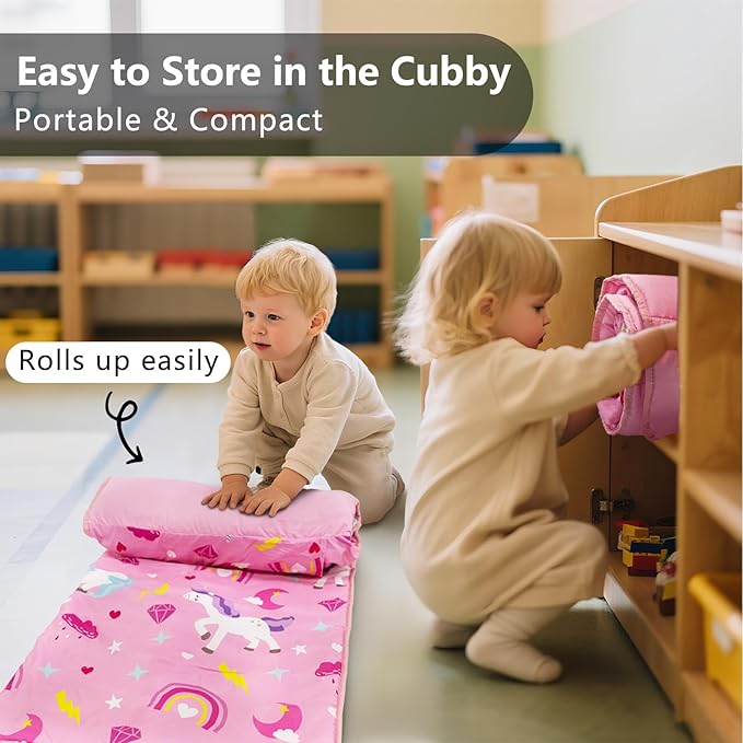 Primlect Toddler Nap Mat with Removable Pillow and Fleece Blanket, Extra Large 55''x35'' Sleeping Bag, Washable, Light, Easy to Roll up, Perfect for Daycare, Preschool, Kindergarten, Travel