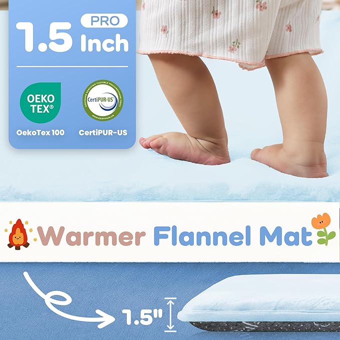 1.5" Thick Baby Play Mat for Floor, 50x50 Playpen Mat, Pro Soft Flannel Foam Mats Toddler Infant Kids Crawling for Nursery Rug Playroom Living Room Waterproof Easy Care Non-Slip (Baby Blue)