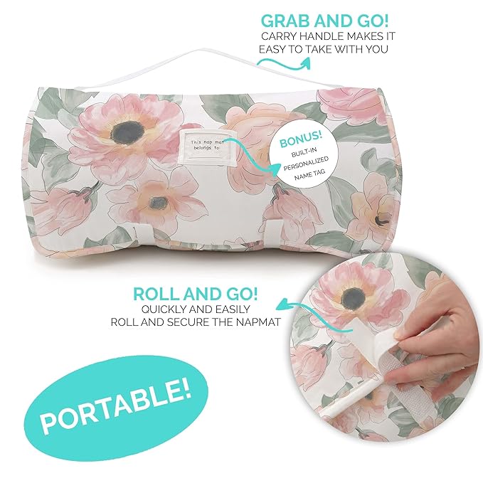 JumpOff Jo Nap Mat for Kids - Cozy Kids Rest Mat with Removable Pillow and Ultra Soft Blanket for Preschool, Daycare, and Sleepovers - Floral Watercolor