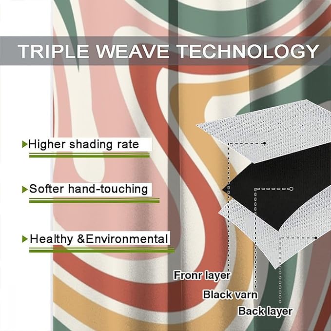 70S Abstract Wavy Swirl Curtain for Bedroom Windows,Retro Boho Minimal Teen Girls Kids Living Room Restroom Window Treatments Drapes 42"" W X 45"" L, Style-4