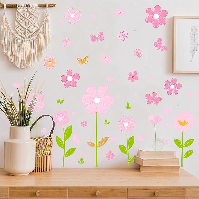 Pink Flower Wall Decals Butterfly Daisy Wall Stickers Floral Decor for Girls Bedroom Living Room Bedroom Wall Decor