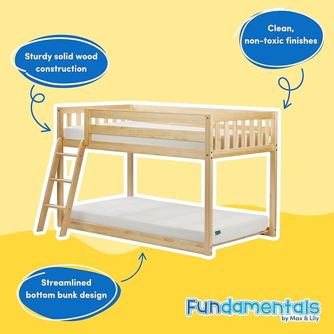 Max & Lily Fundamental Twin Low Bunk Bed, Kids Solid Wood Modern Bed Frame with Strong Wooden Slats, Non-Toxic Finishes, High Weight Capacity, Natural