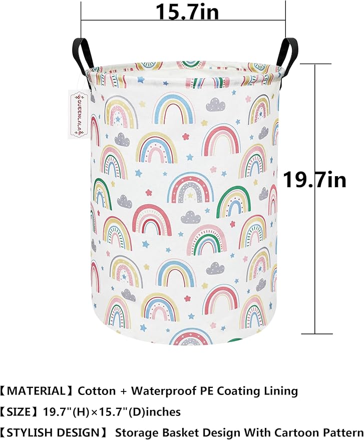 QUEENLALA Large Storage Basket,Laundry Hamper/Bathroom/Home Decor/Collapsible Round Storage Bin,Boys and Girls Hamper/Boxes/Clothing（Round-Rainbow）