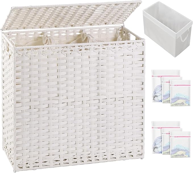 Laundry Hamper with Lid Laundry Basket 132 L (35 Gal) Wicker Clothes Hamper, Handwoven Rattan Hamper with Handles and 4 Removable Liner Bags, 6 Mesh Bags for Laundry Bedroom White