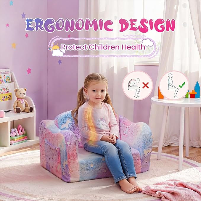 Lamerge 2-in-1 Toddler Couch,Glow in The Dark Baby Floor Bed,Foldable Toddler Chair Kids Sofa for playroom,Convertible Sofa to Lounger for Girls and Boys (Pink and Clouds)