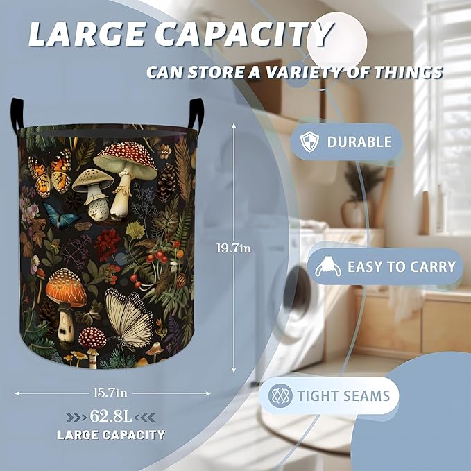 Enchanted Mushroom with Butterfly Laundry Basket with Handles, 19.7"x15.7" Clothes Foldable Laundry Hamper Organizer for Dorm Nursery Bedroom Bathroom Decor, Toy Storage Bin for Kids