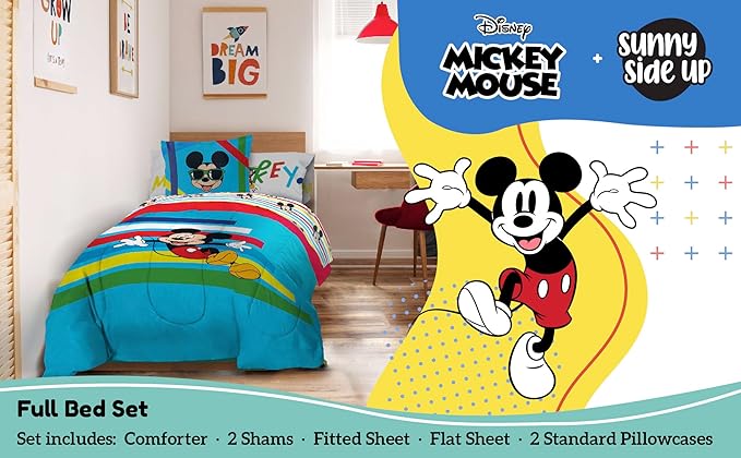 Sunny Side Up Disney Mickey Mouse Full Comforter Set - 7 Piece Kids Bedding Includes Comforter, Sheets & Pillow Cover - Super Soft Microfiber Bed Set