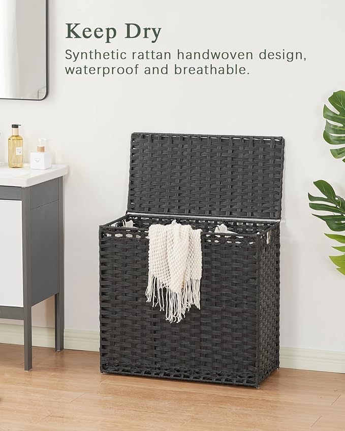 Laundry Hamper with Lid Laundry Basket 132 L (35 Gal) Wicker Clothes Hamper, Handwoven Rattan Hamper with Handles and 4 Removable Liner Bags, 6 Mesh Bags for Laundry Bedroom Black