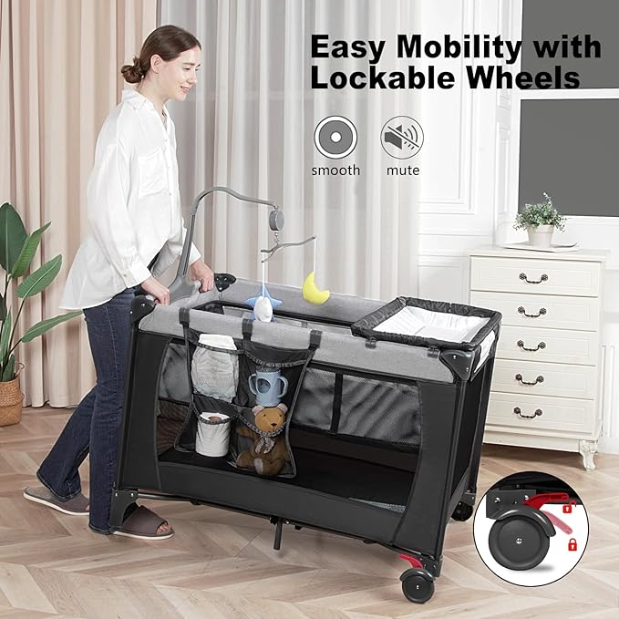 Pack and Play with Changing Table & Carry Bag, 4-in-1 Portable Crib Playpen for Newborn to Toddler, ASTM Certified Foldable Travel Crib with Bassinet(A-Black)