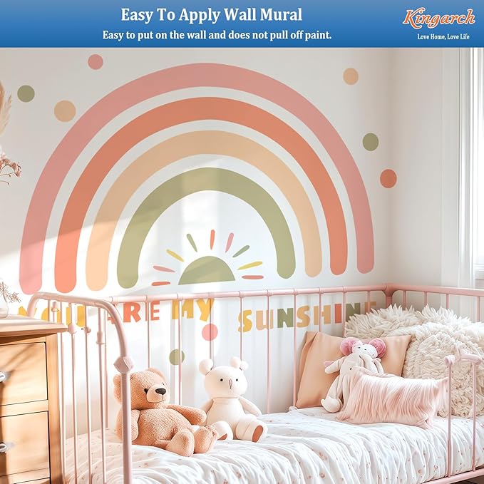 Large Rainbow Wall Decals, Sun Dots Peel and Stick Fabric Nursery Wall Decor, Removable Home Room Wall Decor Murals Stickers for Kids Girls Toddler Bedroom Living Room Playroom