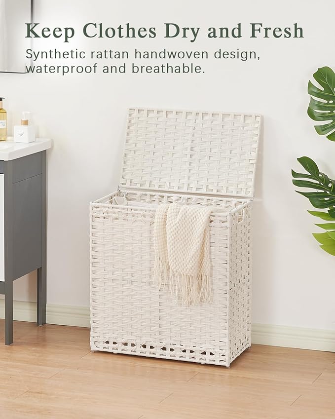 Laundry Hamper with Lid Wicker Laundry Basket 112 L (29.6 Gal) Laundry Hampers Handwoven Rattan Clothes Hamper with Handles 3 Removable Liner Bag, 6 Mesh Bags for Bathroom Bedroom White