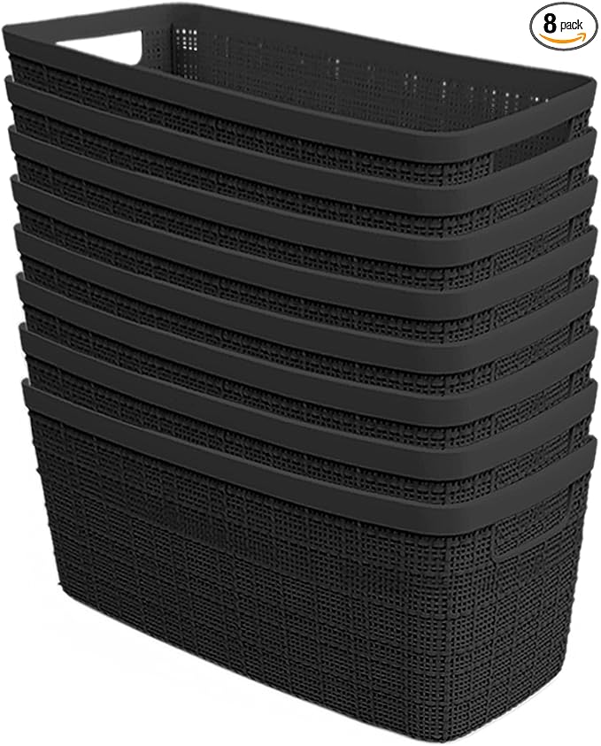 Curver Set of 8 Slim 6.8L Jute Decorative Plastic Organization and Storage Baskets - Perfect Bins for Home Office, Closet Shelves, Kitchen Pantry and All Bedroom Essentials, Black
