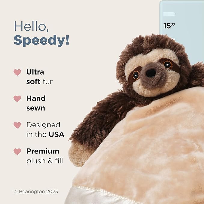 Bearington Baby Speedster Snuggler, 15 Inch Sloth Plush Stuffed Animal Security Blanket Lovey for Babies