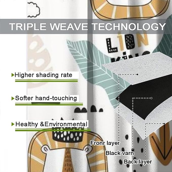 Cartoon Little Lion King Window Curtains for Baby Child,Cute Funny Forest Animals,Tropical Jungle Leaves Wildlife Boho Rainbow Print Blackout Drapes for Nursery Boys Girls Kids Bedroom 63x72in