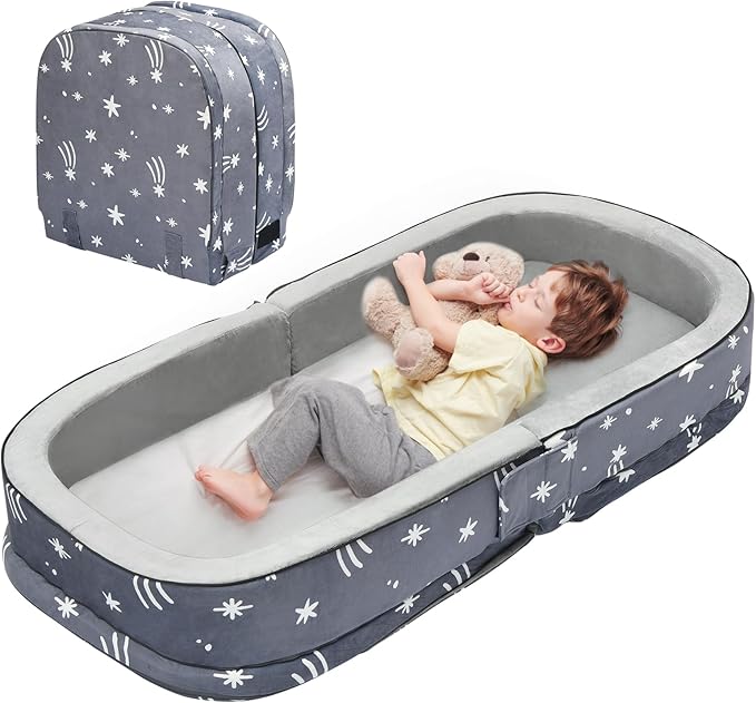 Lvimilio Portable Toddler Travel Bed, Foldable Kids Floor Bed for Home/Travel with Foam Mattres, Toddler Cot for Kids Aged 1-4, Velvet Fabric