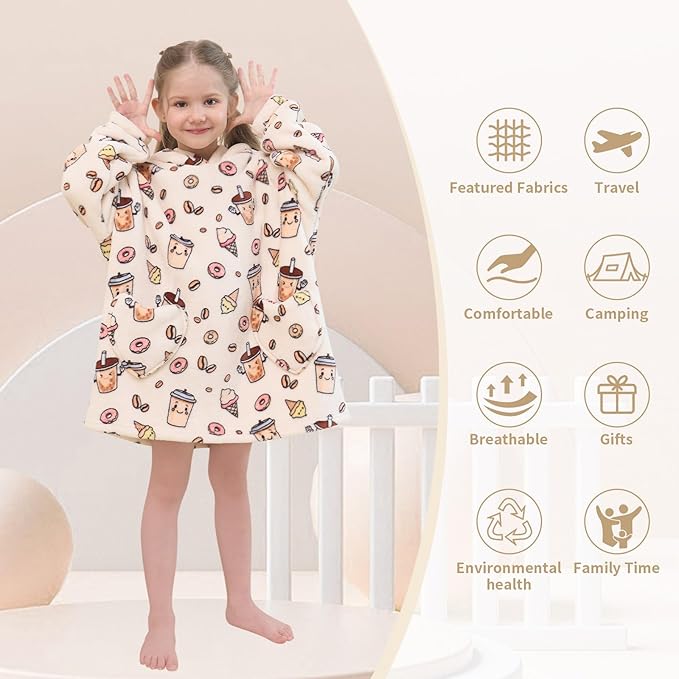 Fiosnow Milky Tea Blanket Hoodies for Kids Toddler 2-6YR Oversize Wearable Blanket Hoodies for Boys Girls Teens
