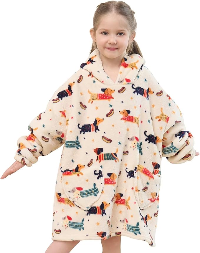 Fiosnow Dachshund Blanket Hoodies for Kids Toddler 2-6YR Oversize Wearable Blanket Hoodies for Boys Girls Teens