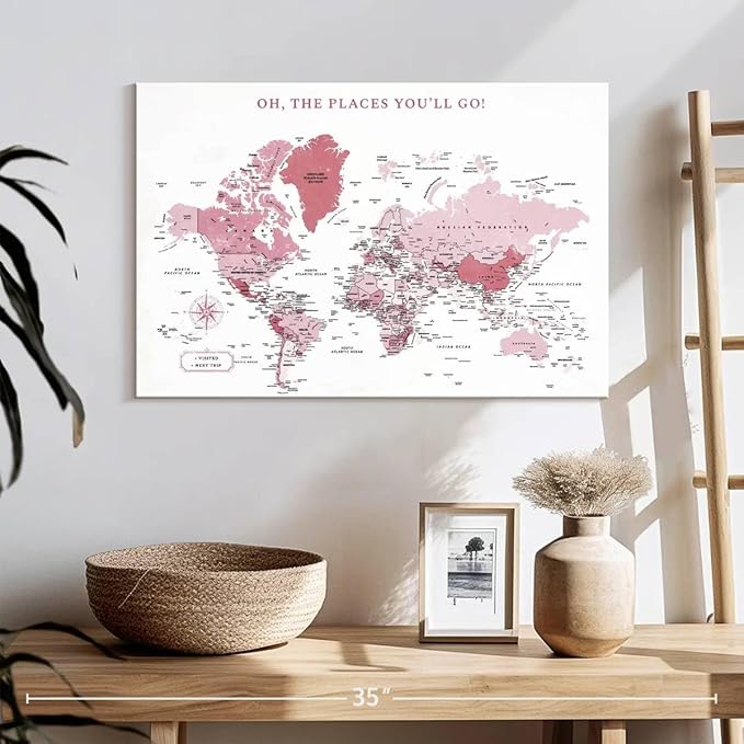 ElephantStock - Places You'll Go Push Pin World Map Wall Art - Horizontal Canvas Wall Art - Living Room Wall Decor - Digital Art Map Canvas Art - White And Pink Decor - 24" x 16"