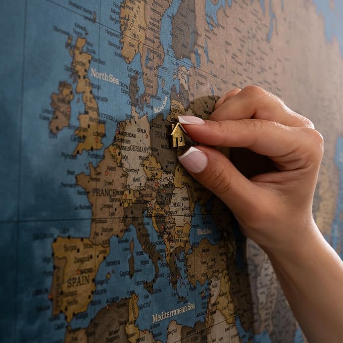 Canvas World Map with Cork Pin Board - English Lettering - Decorative Wall Decoration for All Rooms - Canvas Pictures with World Map Motif (70x50 cm, Pattern 13)