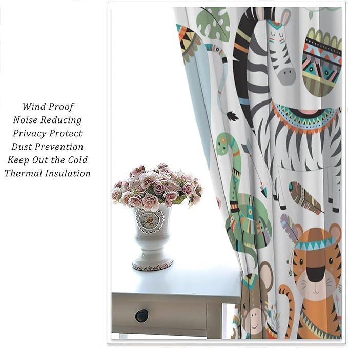 Jungle Tribal Animals Curtains, Southwest Aztec Cartoon Funny Zoo Animals Giraffe Lion Elephant Zebra Tiger Print Thermal Insulation Window Drapes for Kids Boys Girls Bedroom Living Room 63x72in