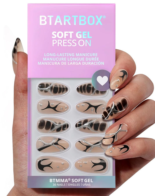 BTArtbox Press On Nails Almond - 3D Design Black Medium Press On Nails with Glue for Women, Opaque Soft Gel Glue On Nails in 15 Sizes - 30 Stick On Nails Kit, Gothic Chains