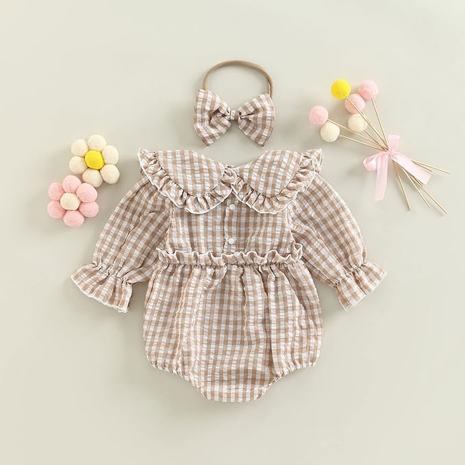2pcs Infant Baby Girls Romper Dress Headband Long Sleeve Clothing Flowers Newborn Boho Girl Outfit Jumpsuit Clothes