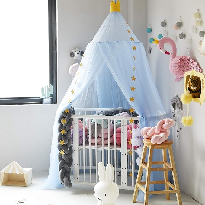Bed Canopy for Girls - Soft, Washable and Easy to Install, Crib Canopy for Girls' Room with Star Decor, Princess Bed Canopy for Crib,Bed,Reading Nook, Blue