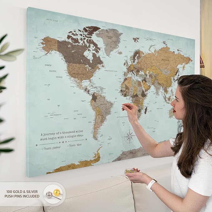 ElephantStock - A Thousand Miles World Push Pin Map Wall Art - Horizontal Canvas Wall Art - Living Room Wall Decor - Printmaking Map Canvas Art - Blue And Brown Decor - 51" x 34"