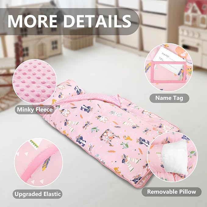 Primlect Thickened Toddler Nap Mat with Removable Pillow and Minky Blanket, Extra Large 55''x35'' Sleeping Bag, Washable, Roll up, Perfect for Daycare, Preschool, Kindergarten, Boys and Girls Pink Fox
