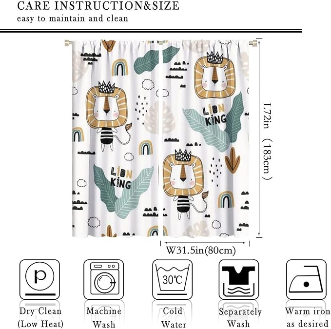 Cartoon Little Lion King Window Curtains for Baby Child,Cute Funny Forest Animals,Tropical Jungle Leaves Wildlife Boho Rainbow Print Blackout Drapes for Nursery Boys Girls Kids Bedroom 63x72in