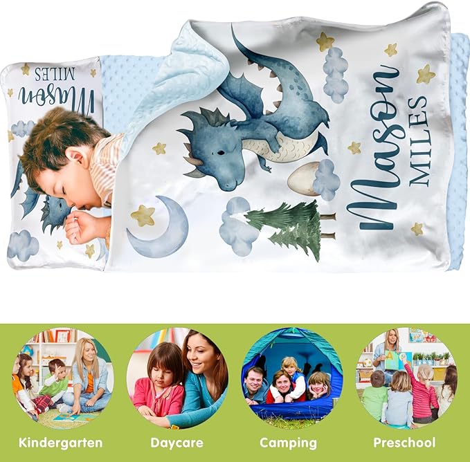 Personalized Toddler Nap Mats for Preschool, Custom Name Kids Sleeping Bag for Daycare, Roll Up Sleeping Mat with Removable Pillow and Soft Dot Minky Blanke for Boys Camping Travel