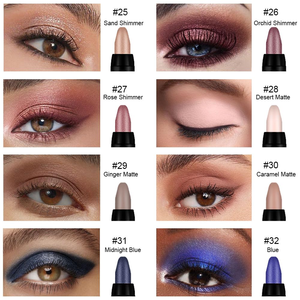 evpct 8Pcs Cream Eye Shadow Brightener Sticks Set for Eyes, Sand Orchid Rose Desert Ginger Caramel Midnight blue Blue Glitter Shimmer Matte Liquid Pencil Eye shadow Applicator Stick Palette Makeup 04