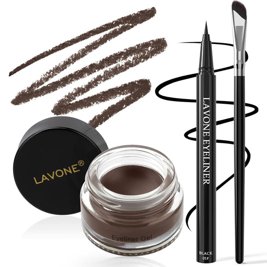LAVONE Eyeliner Set - Waterproof Makeup Kit with Liquid Eye Liner Pencil, Gel Eyeliner and Angled Eye Liner Brush, Waterproof, Smudge Resistant, Long Lasting Formula - Black Brown
