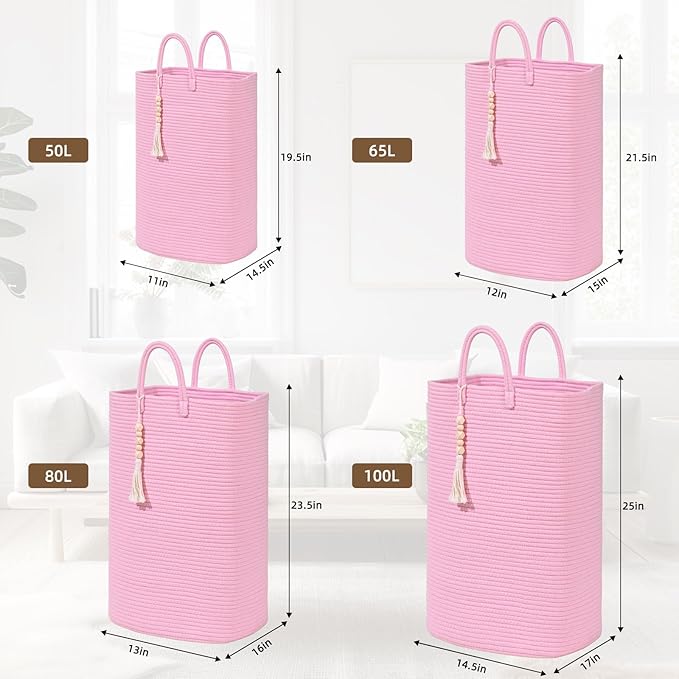 Woven Laundry Basket for Clothes, 65L Large Rectangle Laundry Hampers, Nursery Storage Basket for Toys, Tall Dirty Clothes Hamper for Bedroom Aesthetic, Bathroom, Laundry Room