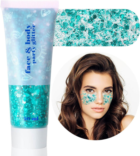 MEICOLY Teal Body Glitter,Mermaid Face Glitter Gel for Halloween Face Paint,Dazzle Green Chunky Glitter for Face Body Eye Lip Hair,Sparkling Holographic Gel Glitter Makeup for Women and Kids