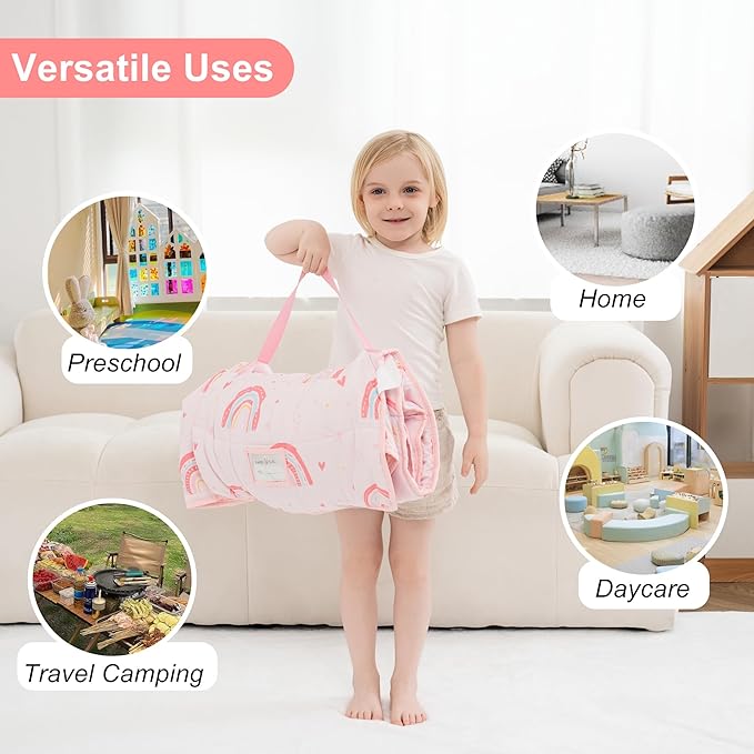 Viviland Toddler Nap Mat with Pillow and Minky Dot Blanket, Large Thick Rolled Sleeping/Slumber Bags, Kids Girls Sleeping Mat for Preschool, Daycare, Kindergarten, Travel Camping- Pink Rainbow