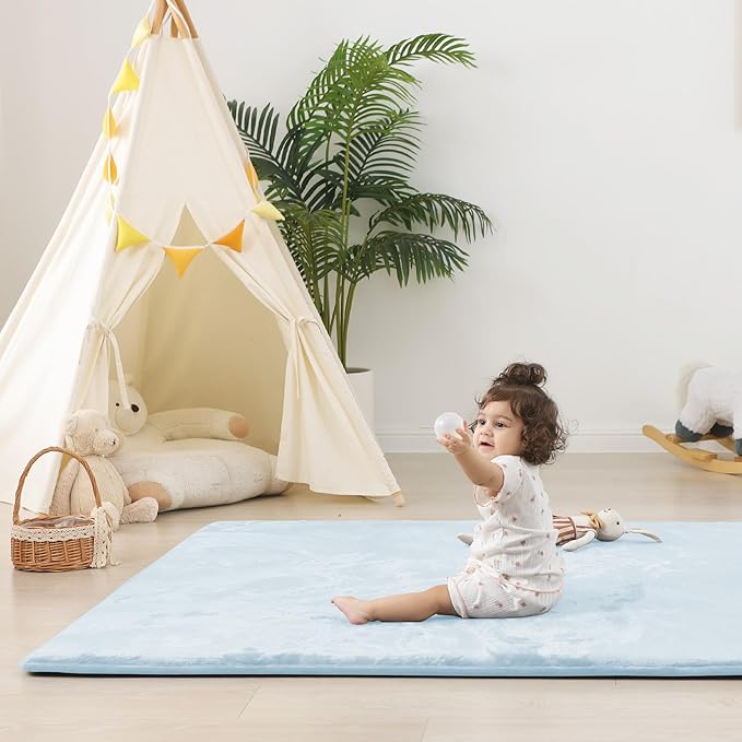 1.5" Thick Baby Play Mat for Floor, 50x50 Playpen Mat, Pro Soft Flannel Foam Mats Toddler Infant Kids Crawling for Nursery Rug Playroom Living Room Waterproof Easy Care Non-Slip (Baby Blue)