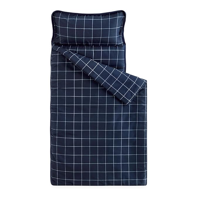 Wake In Cloud - Toddler Nap Mat with Pillow and Blanket, for Kids Boys Ages 3 Plus in Kindergarten Daycare Preschool Pre K, Roll Up Sleeping Bag, Gingham Plaid Grid Checkered, Navy White, Standard