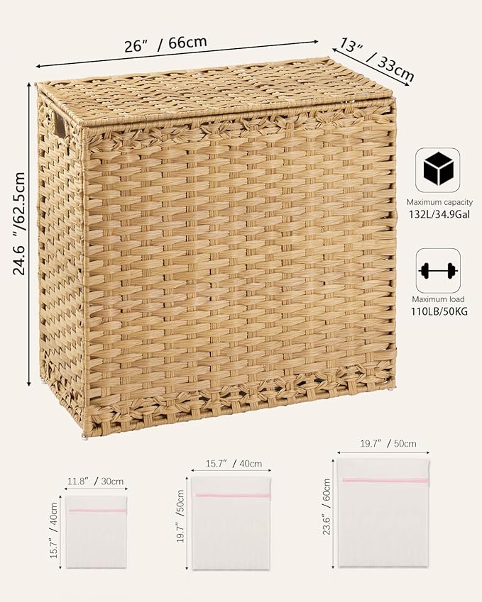 Laundry Hamper with Lid Laundry Basket 132 L (35 Gal) Wicker Clothes Hamper, Handwoven Rattan Hamper with Handles and 4 Removable Liner Bags, 6 Mesh Bags for Laundry Bedroom Natural