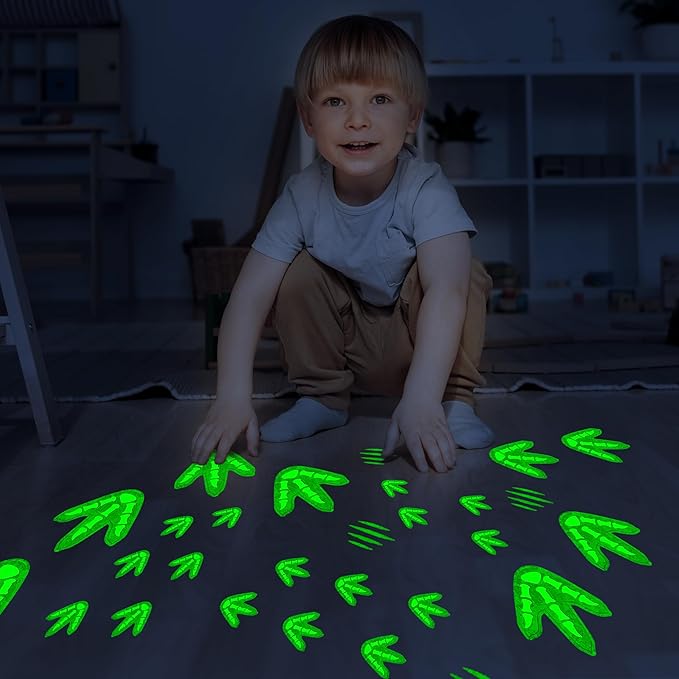 Glow in The Dark Dinosaur Footprints Wall Decals, Peel and Stick Cute Dino Track Stickers for Kids, Removable Dinosaur Wall Stickers for Baby Nursery Bedroom