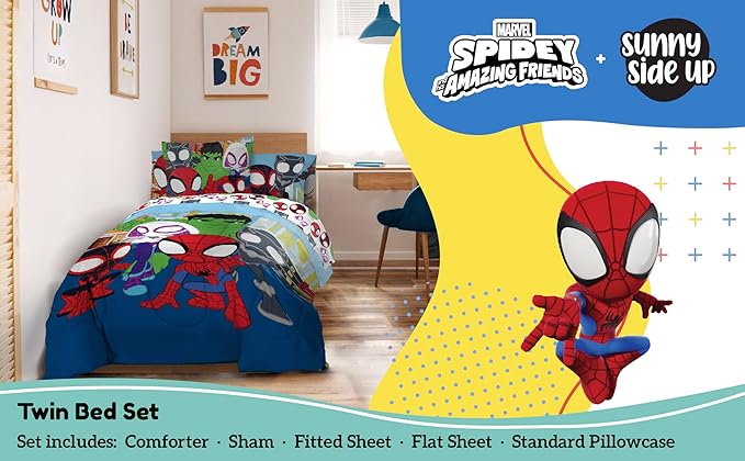 Sunny Side Up Marvel Spidey & His Amazing Friends Twin Comforter Set - 5 Piece Kids Bedding Includes Comforter, Sheets & Pillow Cover - Super Soft Superheroes Microfiber Bed Set