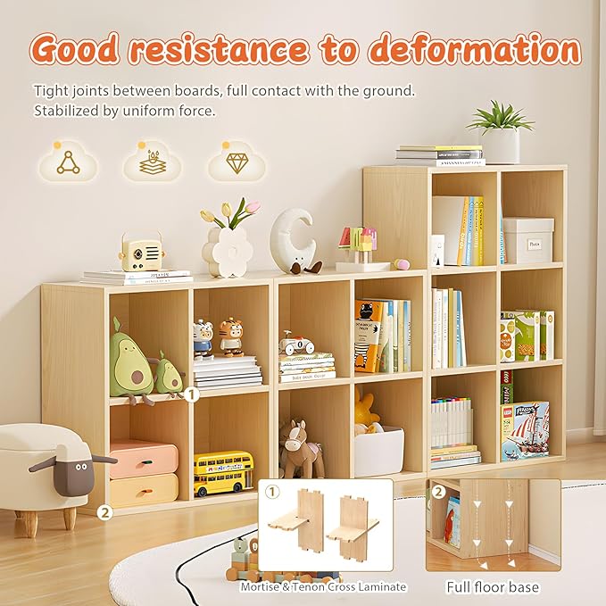 10 Cube Storage Organizer, Cubby Storage Organizer, Cube Shelf with Back Plate, Wooden Kids Bookcase for Toy, Solid Wood Cube Storage for Living Room/Bedroom/Hallway/School, Easy to Install