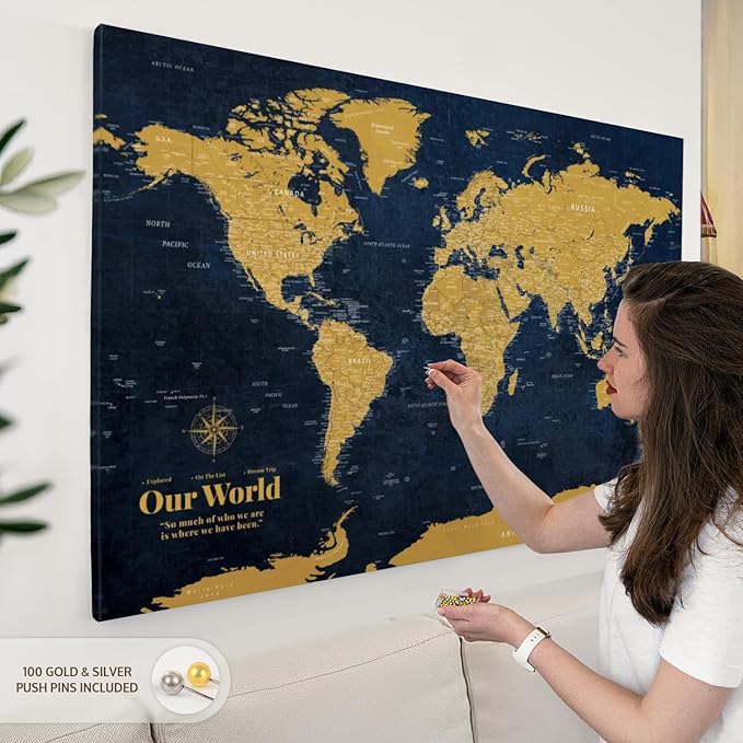 ElephantStock - Personalized Push Pin World Map - Gold Wall Art - Horizontal Canvas Wall Art - Living Room Wall Decor - Digital Art Map Canvas Art - Orange And Blue Decor - 51" x 34"