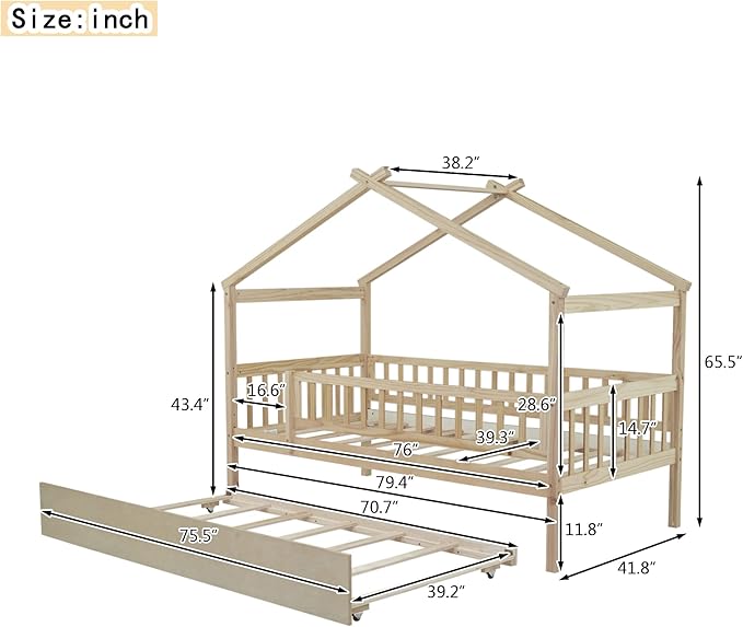 Harper & Bright Designs Twin House Bed with Trundle, Kids Platform Frame Rails and Roof, Tent Bed, Wood Playhouse Montessori for Teens Girls Boys, No Box Spring Needed (Natural)
