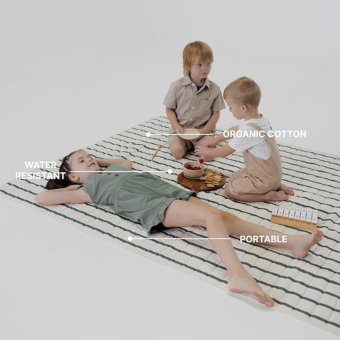 Toddlekind Premium Indoor/Outdoor Playmat & Picnic Blanket, Organic Quilted Cotton, Water-Resistant, Anti-Slip, Reversible Design, Spacious Play Mat for 6 People, Easy Roll-Up w/Carry Handle, Forest